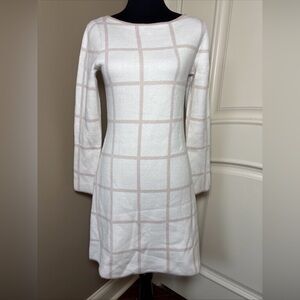 Tahari Cream & Taupe Windowpane Plaid Long Sleeve Sweater Dress Size XS